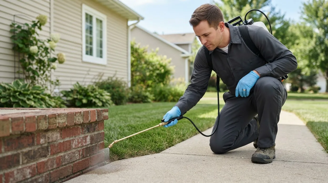 Pest control technician treating a home near Acton, ME