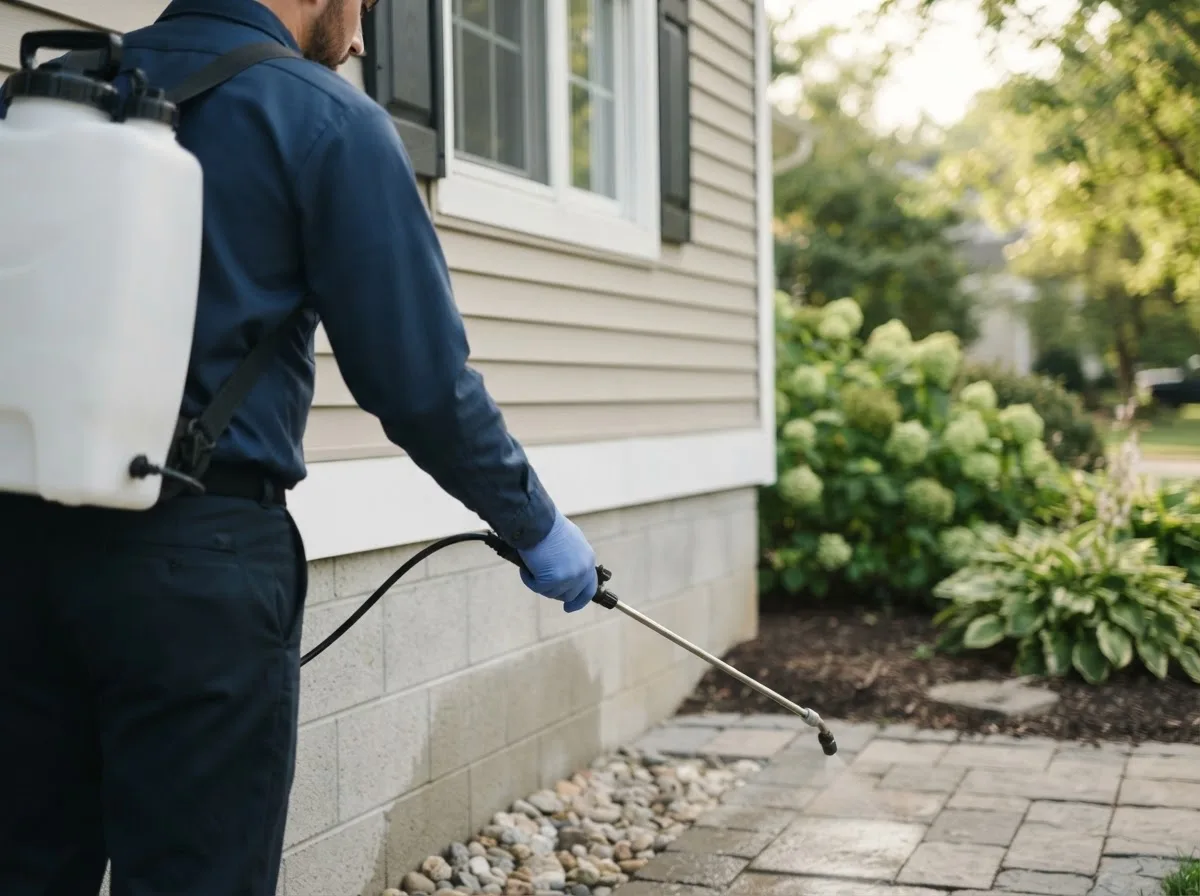 Pest control technician inspecting a home in Acton, ME